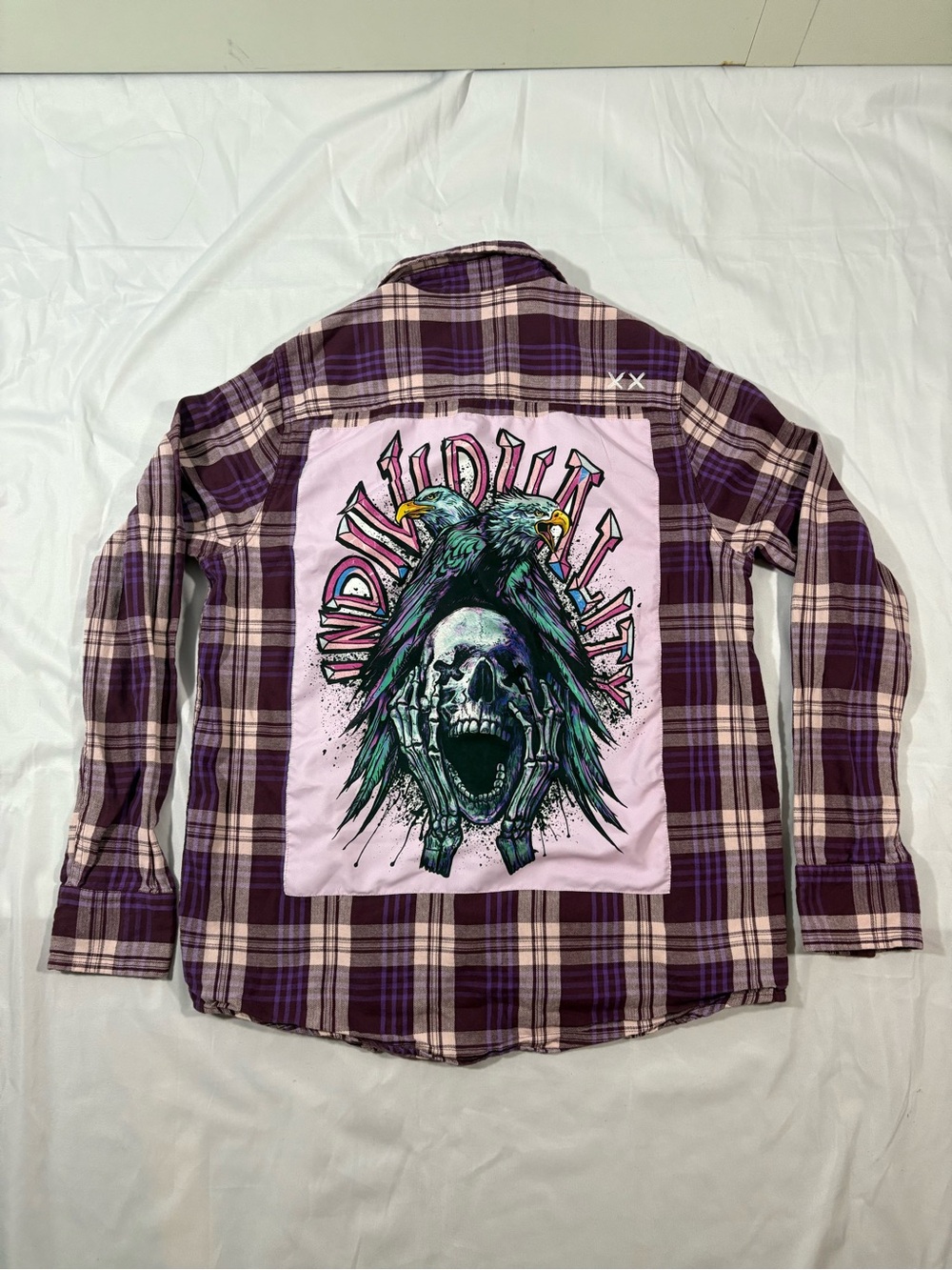 Cult of Individuality Purple Plaid Graphic Back Patch Men's Flannel Shirt
